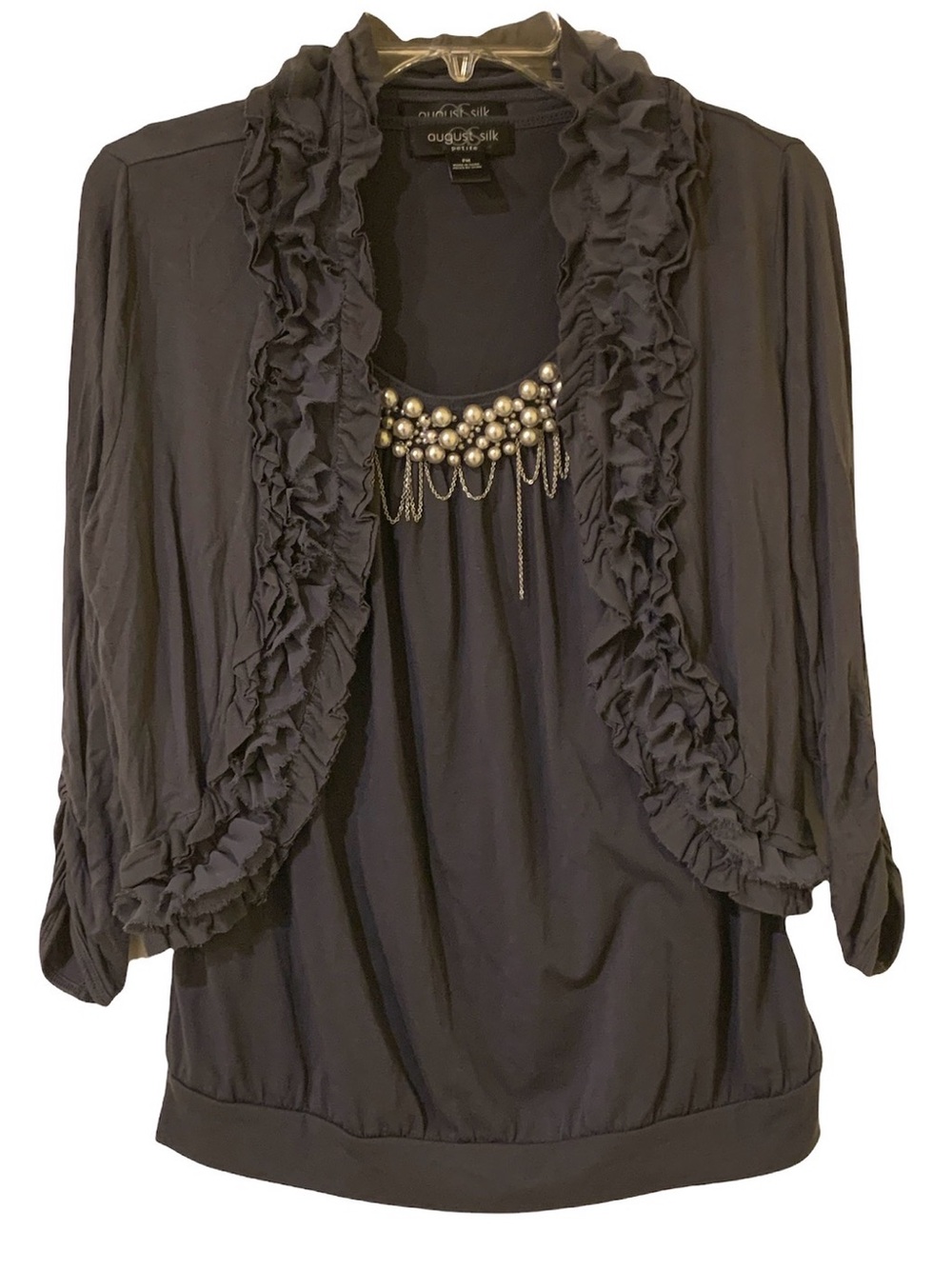 August Silk Grey Chic Set Tank and 3/4 Cardigan Petite Medium Pearl Neckline!